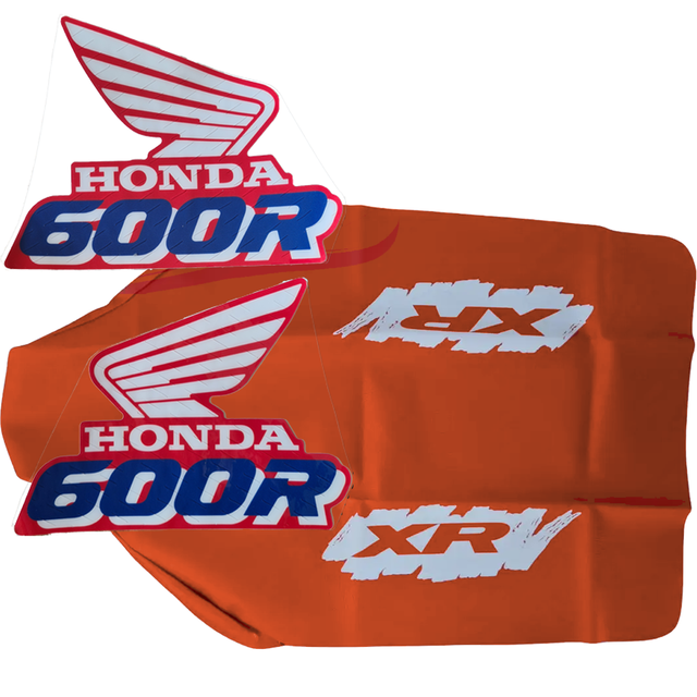 Kit Gráficas de Tanque + Tapizado de Asiento para Honda XR600 / XR600R 1990 | Tapizado Naranja | Calcos Azul y Rojo Microperforados 3M